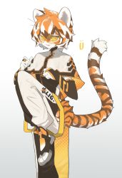 Rule 34 | 1girl, absurdres, animal ears, arknights, black dress, black gloves, bridal gauntlets, brown hair, capelet, commentary, dress, furry, furry female, glasses, gloves, highres, looking at viewer, multicolored hair, open mouth, orange-tinted eyewear, orange hair, round eyewear, sandals, short hair, simple background, solo, standing, standing on one leg, sunglasses, tail, tiger ears, tiger girl, tiger tail, tinted eyewear, tukumo, waai fu (arknights), white background, white capelet, white hair, white legwear, yellow-tinted eyewear, yellow-tinted glasses