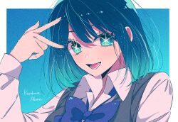 Rule 34 | 1girl, blue background, blue bow, blue bowtie, blue eyes, blue hair, border, bow, bowtie, character name, collared shirt, commentary, fingernails, grey vest, hair between eyes, highres, kurokawa akane, long sleeves, looking at viewer, lower teeth only, open mouth, oshi no ko, outside border, rumic 0620, shirt, short hair, smile, solo, star-shaped pupils, star (symbol), symbol-shaped pupils, teeth, vest, white border, white shirt