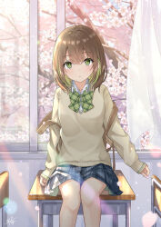 Rule 34 | 1girl, :o, backpack, bag, blue skirt, bow, breasts, brown hair, brown sweater, chair, cherry blossoms, commentary request, curtains, day, desk, flower, green bow, green eyes, green hair, hair between eyes, highres, indoors, looking at viewer, miko fly, multicolored hair, on desk, open window, original, parted lips, plaid, plaid bow, plaid skirt, pleated skirt, school chair, school desk, school uniform, sitting, on desk, skirt, small breasts, solo, sweater, transparent, tree, two-tone hair, white flower, window