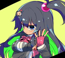 Rule 34 | 1girl, adjusting clothes, adjusting gloves, armband, black bomberman, black hair, black jacket, bombergirl, bomberman, bow, bowtie, breasts, character hair ornament, closed mouth, collared shirt, colored inner hair, eyes visible through hair, fingerless gloves, gloves, hair between eyes, hair ornament, hand up, highres, jacket, kuro (bombergirl), large breasts, light green hair, long sleeves, multicolored hair, one side up, pink bow, pink bowtie, pink gloves, sasaki rindou, shirt, solo, two-tone hair, upper body, v-shaped eyebrows, white shirt
