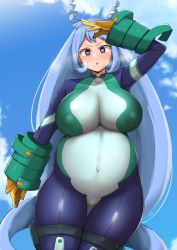 Rule 34 | 1girl, :d, absurdres, blue bodysuit, blue eyes, blue hair, blue sky, bodysuit, boku no hero academia, breasts, cloud, cloudy sky, covered navel, gloves, gluteal fold, hadou nejire, hair horns, heart, heart-shaped pupils, heavy breathing, highres, huge breasts, lactation, lactation through clothes, long hair, open mouth, pregnant, pussy juice, pussy juice drip through clothes, salute, sky, smile, source request, straight hair, symbol-shaped pupils, very long hair, yamaori, yellow gloves