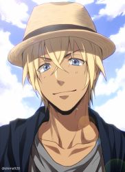 Rule 34 | 1boy, amuro tooru, blonde hair, blue eyes, blue sky, brown hat, casual, closed mouth, cloud, cloudy sky, commentary request, dark-skinned male, dark skin, day, grey shirt, hair between eyes, hat, lens flare, looking at viewer, male focus, mashima shima, meitantei conan, shirt, sky, smile, solo, twitter username, upper body