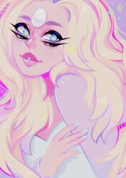 Rule 34 | 1girl, black eyes, blue eyes, colored skin, dress, extra eyes, gem, long hair, looking to the side, parted bangs, parted lips, prismtea, rainbow quartz, solo, steven universe, very long hair