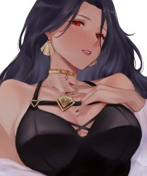 Rule 34 | 1girl, absurdres, black bustier, black hair, blush, breasts, cleavage, dark-skinned female, dark skin, from below, gold choker, gold necklace, gradient hair, grey hair, highres, jewelry, large breasts, long hair, looking at viewer, mature female, mole, mole on breast, mole under eye, multicolored hair, nail polish, necklace, nijisanji, nijisanji en, red eyes, scarle yonaguni, scarle yonaguni (1st costume), shirt, simple background, solo, sweat, unbuttoned, unbuttoned shirt, virtual youtuber, wavy hair, white background, white nails, white shirt, zellee11
