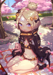 Rule 34 | 1girl, abigail williams (emerald float) (fate), abigail williams (fate), abigail williams (traveling outfit) (fate), alternate hairstyle, bandaid, bandaid on face, bandaid on forehead, belt, bento, bikini, black bikini, black bow, black jacket, blonde hair, blue eyes, blush, bow, breasts, commentary request, emerald float, fate/grand order, fate (series), forehead, frilled bikini, frills, hair bow, hair bun, heroic spirit traveling outfit, high collar, highres, hip focus, holding, holding stuffed toy, jacket, long hair, looking at viewer, miniskirt, navel, official alternate costume, open clothes, open jacket, orange bow, parted bangs, petals, polka dot, polka dot bow, seiza, shade, shennai misha, single hair bun, sitting, skirt, sleeves past fingers, sleeves past wrists, small breasts, smile, solo, stuffed animal, stuffed toy, sunlight, sweat, swimsuit, teddy bear, thighs, tongue, tongue out, tree