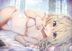 Rule 34 | 1girl, bare shoulders, bed sheet, blonde hair, blue bra, blue eyes, blue panties, bra, breasts, cat ear panties, emori el, finger to mouth, hair ribbon, ipad, karinto yamada, lingerie, liver city, long hair, looking at viewer, lying, navel, on side, panties, ribbon, see-through, small breasts, smile, solo, strap slip, tablet pc, thighs, underwear, underwear only, window, wrist cuffs