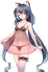 Rule 34 | 1girl, ;d, absurdres, akizuki shigure, animal ear fluff, animal ears, bare arms, bare shoulders, black hair, bra, breasts, cat ears, collarbone, fang, floral print, frills, green eyes, highres, karyl (princess connect!), bridal garter, long hair, multicolored hair, navel, one eye closed, open mouth, panties, princess connect!, print bra, print panties, see-through, simple background, small breasts, smile, solo, stomach, streaked hair, sweat, two-tone hair, underwear, underwear only, very long hair, white background, white hair
