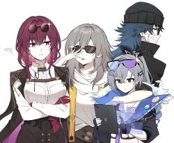 Rule 34 | 1boy, 3girls, arm up, black eyes, black jacket, blade (honkai: star rail), blue hair, boots, breasts, character name, closed mouth, clothes, collared shirt, commentary, earrings, english commentary, eyewear on head, glasses, gloves, grey eyes, hand in own hair, hand up, honkai: star rail, honkai (series), jacket, jewelry, kafka (honkai: star rail), large breasts, lips, long hair, long sleeves, looking at viewer, male focus, multiple girls, one eye closed, orange eyes, pantyhose, parted bangs, parted lips, pink eyes, purple eyes, purple footwear, purple gloves, purple hair, purple pantyhose, red hair, shirt, silver wolf (honkai: star rail), simple background, single thigh boot, single thighhigh, sitting, smile, stelle (honkai: star rail), tagme, thigh boots, thighhighs, thighs, trailblazer (honkai: star rail), white shirt