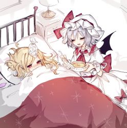 Rule 34 | 2girls, ascot, bat wings, bed, bedroom, black wings, blanket, blonde hair, blush, bow, bowl, brooch, closed eyes, commentary request, covering own mouth, crystal, desk lamp, drawer, dress, dress bow, feeding, fever, flandre scarlet, food, frills, hair between eyes, hair spread out, half-closed eyes, hands up, hat, hat bow, hat ribbon, holding, holding blanket, holding bowl, holding food, holding spoon, ice, ice cube, ice pack, indoors, jewelry, lamp, lying, mob cap, multiple girls, nursing, on back, on bed, one side up, open mouth, parted bangs, pillow, pointy ears, puffy short sleeves, puffy sleeves, red ascot, red bow, red eyes, red ribbon, remilia scarlet, ribbon, room, sash, short hair, short sleeves, siblings, sick, sidelocks, silver hair, sisters, sorani (kaeru0768), soup, spoon, touhou, under covers, white dress, white headwear, white ribbon, wings, wrist cuffs