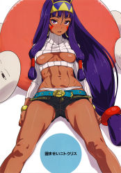 Rule 34 | 1girl, abs, absurdres, blush, breasts, breasts apart, crop top, dark-skinned female, dark skin, earrings, egyptian, eye of horus, facial mark, fate/grand order, fate (series), hairband, highres, hoop earrings, jewelry, long hair, looking at viewer, medium breasts, medjed (fate), meme attire, midriff, navel, nitocris (fate), no bra, open-chest sweater, open mouth, panties, purple eyes, purple hair, scan, short shorts, shorts, signature, simple background, solo, suna (sandworks), sweater, toned, underboob, underwear, very long hair, white panties