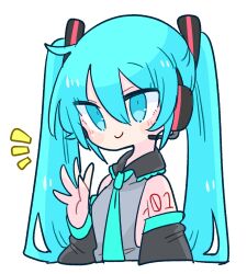 Rule 34 | 1girl, aqua eyes, aqua hair, aqua necktie, bare shoulders, black sleeves, blush, closed mouth, collared shirt, detached sleeves, frilled shirt collar, frills, grey shirt, hair between eyes, hair ornament, hand up, hatsune miku, headphones, headset, highres, long hair, long sleeves, looking ahead, microphone, necktie, op na yarou, shirt, shoulder tattoo, simple background, sleeveless, sleeveless shirt, smile, solo, spread fingers, tattoo, twintails, upper body, vocaloid, white background
