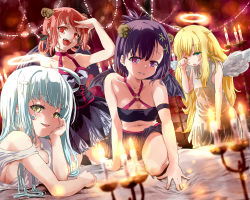Rule 34 | 10s, 4girls, angel, angel wings, bad id, bad pixiv id, bare shoulders, bed, black hair, blonde hair, blue eyes, blurry, blush, breasts, candle, come hither, commentary request, cross hair ornament, demon, demon girl, demon wings, depth of field, fang, flat chest, gabriel dropout, hair ornament, hallelujah essaim, halo, highres, horns, indoors, satanichia kurumizawa mcdowell, large breasts, light particles, long hair, looking at viewer, midriff, multiple girls, navel, one eye closed, open mouth, parted lips, purple eyes, red eyes, red hair, revision, rubbing eyes, sazanka, seductive smile, raphiel shiraha ainsworth, short hair, sideboob, small breasts, smile, gabriel tenma white, vignette tsukinose april, white hair, wings, yellow eyes