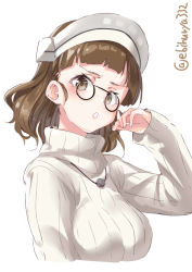 Rule 34 | 1girl, blush, breasts, brown eyes, brown hair, capelet, ebifurya, glasses, headdress, highres, kantai collection, large breasts, long sleeves, looking at viewer, open mouth, pince-nez, roma (kancolle), short hair, simple background, solo, sweater, twitter username, wavy hair, white background, white sweater