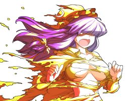 Rule 34 | 1girl, breasts, crescent, dress, exploding clothes, hat, large breasts, long hair, mono (moiky), open mouth, patchouli knowledge, purple hair, solo, torn clothes, touhou, transparent background, upper body, white background