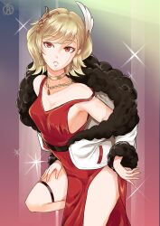 Rule 34 | 1girl, :o, bare shoulders, blonde hair, breasts, citrinne (fire emblem), cleavage, coat, collarbone, cowboy shot, dress, earrings, fire emblem, fire emblem engage, hair ornament, highres, jewelry, long sleeves, medium breasts, necklace, nintendo, off shoulder, orange eyes, pelvic curtain, red dress, revolverwing, short hair, side slit, sleeveless, sleeveless dress, solo, swept bangs, wavy hair, wing hair ornament