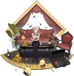Rule 34 | 1girl, alcohol, azur lane, black footwear, black neckwear, black pantyhose, bottle, bow, bowtie, card, coin, crossed legs, cup, drinking glass, earrings, hair ornament, hairclip, hand on own chin, high heels, highres, holding, holding card, horns, jewelry, kinu (azur lane), kinu (token and ghost) (azur lane), looking at viewer, manjuu (azur lane), official alternate costume, official art, oni horns, pantyhose, short hair, sitting, sleeveless, transparent background, werkbau, white hair, wine, wine bottle, wine glass, yellow eyes