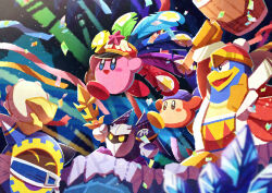 Rule 34 | absurdres, armor, bandana, bandana waddle dee, bat wings, blue bandana, colored skin, confetti, disembodied hand, festival kirby, galaxia (sword), gloves, highres, holding, holding sword, holding weapon, instrument, king dedede, kirby, kirby&#039;s return to dream land deluxe, kirby (series), magolor, meta knight, nintendo, no humans, pauldrons, pink skin, rayman limbs, shoulder armor, solid oval eyes, star (symbol), sword, tambourine, watawata22, weapon, wings, yellow eyes, yellow gloves