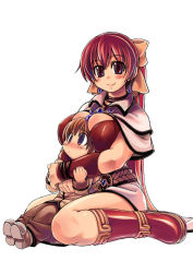 Rule 34 | 2girls, acolyte (ragnarok online), age difference, belt, between breasts, blue eyes, blush, boots, breast rest, breasts, breasts on head, brown eyes, brown hair, cleavage, knee boots, large breasts, long hair, mage (ragnarok online), mil (xration), multiple girls, ponytail, ragnarok online, red hair, shoes, size difference, smile, very long hair