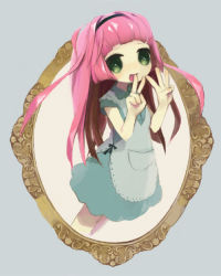 Rule 34 | 1girl, apron, framed, green eyes, grey background, hairband, lace-trimmed apron, lace trim, leaning forward, long hair, looking at viewer, materializing, mirror, mitsugo (road after rain), open mouth, original, pink hair, short sleeves, sidelocks, simple background, smile, solo, tareme, v