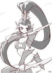 Rule 34 | 1girl, abs, armor, bikini armor, breasts, cleavage, cleavage cutout, clothing cutout, commentary, dagger, dark eldar, elf, knife, long hair, lutherniel, medium breasts, monochrome, pointy ears, ponytail, shoulder pads, solo, thighhighs, very long hair, warhammer 40k, weapon