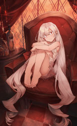 Rule 34 | 1girl, armchair, bad id, bad pixiv id, bare arms, bare shoulders, barefoot, bottle, cabinet, chair, closed mouth, curtains, dress, fingernails, glass, head tilt, highres, hugging own legs, long hair, looking at viewer, original, panties, red eyes, shichigatsu, short dress, sitting, smile, solo, toenails, underwear, very long hair, white dress, white panties, window