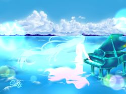 Rule 34 | 1girl, artist request, day, dress, from behind, highres, instrument, long hair, mountain, ocean, original, piano, sky, solo, water