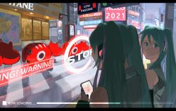 Rule 34 | 2021, 2girls, city, clone, green eyes, green hair, hatsune miku, highres, holding, holding phone, iq230230, long hair, looking at another, looking outside, multiple girls, phone, shop, traffic light, twintails, vocaloid