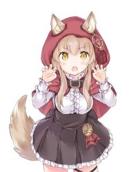 Rule 34 | &gt;:o, 1girl, animal ear fluff, animal ears, blouse, capelet, center frills, claw pose, cowboy shot, ears through headwear, fang, frilled skirt, frills, light brown hair, long hair, long sleeves, original, shirt, simple background, skirt, solo, tail, thigh strap, v-shaped eyebrows, wataame27, white background, white shirt, wolf ears, wolf tail, yellow eyes