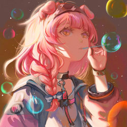 Rule 34 | 1girl, absurdres, animal ears, arknights, black choker, black hairband, blue coat, bracelet, braid, brown background, brown eyes, blowing bubbles, cat ears, choker, coat, goldenglow (arknights), gradient background, hairband, highres, infection monitor (arknights), jewelry, lightning bolt print, long hair, long sleeves, open clothes, open coat, parted lips, pink hair, rolling-ruffles, shirt, side braid, smile, soap bubbles, solo, upper body, white shirt