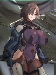 Rule 34 | 1girl, absurdres, armored core, armored core 6, blue eyes, blush, bodysuit, breasts, brown hair, cowboy shot, fingerless gloves, gloves, hair over one eye, highres, jacket, large breasts, looking at viewer, messy hair, mobius (suicideloli), mole, mole under eye, off shoulder, scar, solo, v.iv rusty