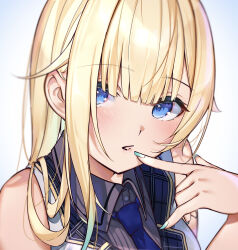 Rule 34 | 1girl, absurdres, aizawa ema, aizawa ema (2nd costume), bare shoulders, blonde hair, blue eyes, blue nails, blue necktie, blunt bangs, blurry, blush, close-up, collared shirt, collared vest, commentary, depth of field, finger to mouth, gradient background, grey shirt, highres, long hair, looking at viewer, necktie, open mouth, parted lips, ringozeri, shirt, sleeveless, sleeveless shirt, solo, vest, virtual youtuber, vspo!, white vest, wing collar