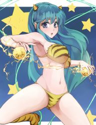 Rule 34 | 1girl, animal print, aqua hair, armpits, bikini, blue eyes, boots, breasts, crossover, electricity, eyeshadow, horns, large breasts, long hair, looking at viewer, lum, makeup, navel, oni, open mouth, orb, poini (king-scarlet-dead), pointy ears, puzzle &amp; dragons, solo, star (symbol), swimsuit, tiger print, urusei yatsura, very long hair