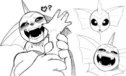 Rule 34 | 1girl, 1other, blush, breasts, claws, creatures (company), fins, furry, furry female, game freak, gen 1 pokemon, goonie-san, heart, monochrome, nintendo, nipples, open mouth, pokemon, pokemon (creature), saliva, simple background, smile, tongue, tongue out, vaporeon, white background