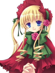 Rule 34 | 1girl, blonde hair, blue eyes, bonnet, bow, bowtie, capelet, closed mouth, commentary request, drill hair, drill sidelocks, flower, flower brooch, frilled capelet, frills, green bow, green bowtie, lolita fashion, long hair, looking at viewer, medium bangs, morinaga hinase, pink flower, pink rose, red capelet, red headwear, rose, rozen maiden, shinku, sidelocks, simple background, smile, solo, twintails, upper body, white background