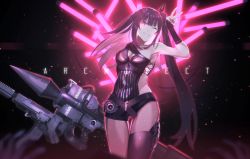 Rule 34 | 1girl, absurdres, architect (girls&#039; frontline), armpits, asymmetrical clothes, black hair, black thighhighs, blush, breasts, character name, cleavage, cowboy shot, girls&#039; frontline, grin, gun, hair ornament, highres, holding, holding gun, holding weapon, inpamas, light particles, long hair, looking at viewer, medium breasts, nail polish, one eye closed, pale skin, pink eyes, pink nails, purple eyes, sangvis ferri, side ponytail, sidelocks, smile, solo, thighhighs, v, very long hair, weapon