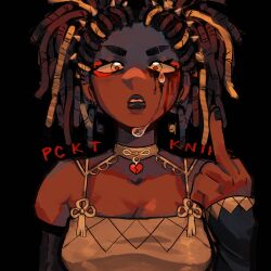 Rule 34 | 1girl, alternate hairstyle, black lips, black nails, breasts, broken heart, brown hair, camisole, cleavage, collar, commentary, crying, dark-skinned female, dark skin, detached sleeves, dreadlocks, english commentary, eyeliner, frown, genshin impact, heart, highres, large breasts, makeup, middle finger, multicolored hair, pcktknife, runny makeup, solo, tears, two-tone hair, upper body, xinyan (genshin impact)
