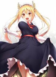 Rule 34 | 10s, 1girl, blonde hair, bouncing breasts, breasts, dragon girl, dragon tail, frills, gradient hair, horns, kobayashi-san chi no maidragon, large breasts, large tail, long hair, looking at viewer, maid, maid headdress, motion blur, multicolored hair, necktie, open mouth, orange hair, puffy short sleeves, puffy sleeves, red eyes, short sleeves, slit pupils, smile, solo, tail, taut clothes, tohru (maidragon), twintails, very long hair, yomono
