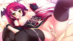 Rule 34 | 1girl, bed, black thighhighs, blood, blush, breasts, breasts out, censored, cum, cum in pussy, defloration, dress, fang, game cg, long hair, looking at viewer, luce yami asutarite, lying, magical marriage lunatics!!, nipples, on back, panties, panties around leg, penis, pillow, pink panties, pussy, red hair, sex, spread legs, thighhighs, underwear, vaginal, yamakaze ran, yellow eyes