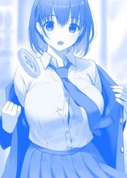 Rule 34 | 1girl, :o, ai-chan (tawawa), blue theme, blurry, blurry background, braid, breasts, buttons, collared shirt, commentary request, doushimasho, eyebrows hidden by hair, getsuyoubi no tawawa, himura kiseki (style), large breasts, looking at viewer, medium hair, monochrome, necktie, open mouth, popped button, school uniform, shirt, solo, tawawa group, uniform, wardrobe malfunction
