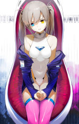 Rule 34 | 1girl, bare shoulders, blue eyes, breasts, chair, collarbone, commentary request, covered navel, grey hair, hair between eyes, hair ribbon, heterochromia, highleg, highleg leotard, highres, jacket, legs together, leotard, long hair, long sleeves, looking at viewer, medium breasts, off shoulder, open clothes, open jacket, original, parted lips, pink thighhighs, ribbon, sitting, solo, teeth, thighhighs, tokiti, twintails, yellow eyes
