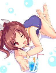 Rule 34 | 10s, 1girl, ;d, bare shoulders, barefoot, blush, brown eyes, brown hair, cup, drinking glass, drinking straw, feet, glass, i-401 (kancolle), kantai collection, looking at viewer, lying, mokoke, on stomach, one-piece swimsuit, one eye closed, open mouth, personification, ponytail, revision, school swimsuit, short hair, short ponytail, smile, solo, swimsuit, tan, water, wink