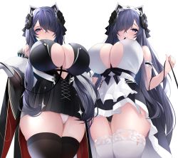 Rule 34 | 2girls, absurdres, august von parseval (azur lane), august von parseval (the conquered unhulde) (azur lane), azur lane, bad id, bad twitter id, black horns, black legwear, blush, breasts, cleavage, cleavage cutout, clothing cutout, curvy, dragon horns, dress, g3 (bitgiii), hair over one eye, highres, horns, huge breasts, legs together, long hair, looking at viewer, maid, multiple girls, official alternate costume, one eye covered, panties, panty peek, purple eyes, purple hair, short dress, smile, thick thighs, thighhighs, thighs, underwear, white legwear, wide hips