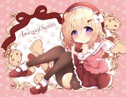 Rule 34 | 1girl, animal ears, black pantyhose, blush, bow, brown hair, child, cookie, cup, dog ears, dog tail, food, hair bow, hair ornament, hairclip, hand to own mouth, haru ichigo, hat, highres, legs, legs up, looking at viewer, mary janes, mug, original, pantyhose, purple eyes, red footwear, red shirt, red skirt, ribbon, shirt, shoes, short hair, sitting, skirt, smile, socks, solo, tail, thighs, white footwear