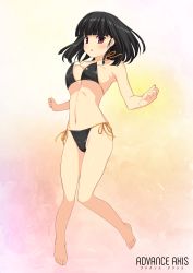 Rule 34 | 1girl, absurdres, bare legs, barefoot, beatmania, beatmania iidx, bikini, black bikini, black hair, blunt bangs, blush, bouncing breasts, breasts, full body, halterneck, highres, hinazuki ririna, kinoshita ichi, large breasts, looking at viewer, navel, non-web source, parted lips, red eyes, side-tie bikini bottom, solo, strap gap, swimsuit, underboob