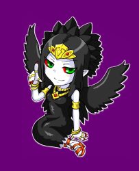Rule 34 | 1girl, arm support, armband, bare shoulders, black dress, black hair, black wings, blush, bracelet, chibi, colored sclera, colored skin, dress, duel monster, emblem, fabled grimro, feathers, female focus, fingernails, full body, green eyes, head tilt, jewelry, legs, long fingernails, long hair, long image, looking at viewer, lots of jewelry, monster girl, multicolored eyes, nail polish, necklace, pataneet, pointing, pointy ears, purple background, red nails, red sclera, ring, shoes, simple background, sitting, smile, solo, tiara, white skin, wings, yu-gi-oh!, yu-gi-oh! duel monsters
