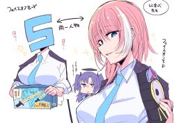 Rule 34 | 2girls, bag, blouse, blue archive, blush, collared shirt, commentary request, female sensei (blue archive), grabbing, grabbing from behind, hair between eyes, hair ornament, highres, himiya jouzu, jacket, looking at viewer, multiple girls, necktie, open mouth, purple eyes, s-head sensei, sensei (blue archive), shirt, translation request, twintails, white background, white shirt, yuuka (blue archive)