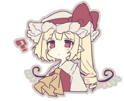 Rule 34 | 1girl, :o, ?, ascot, blonde hair, bow, brown outline, collared shirt, commentary, cropped torso, crystal wings, drill hair, flandre scarlet, flat color, frilled hat, frilled skirt, frills, hat, hat bow, long hair, mob cap, parted lips, pointy ears, red bow, red eyes, red vest, shirt, side ponytail, skirt, solo, touhou, transparent background, usamata, vest, white hat, white shirt, yellow ascot