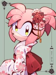 Rule 34 | 1girl, alternate costume, amy rose, animal ears, animal nose, artist name, back bow, belt, blush, bow, character name, closed mouth, commentary, ear flower, english commentary, eyelashes, eyeshadow, floral print, flower, from side, furry, furry female, green background, green eyes, hedgehog ears, hedgehog girl, highres, japanese clothes, kimono, kumo zd, long sleeves, looking at viewer, makeup, pink fur, red belt, red bow, red eyeshadow, red flower, simple background, solo, sonic (series), standing, tassel, white flower, white kimono, wide sleeves