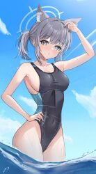 Rule 34 | 1girl, absurdres, animal ear fluff, animal ears, black one-piece swimsuit, blue archive, blue eyes, blue sky, breasts, cloud, competition swimsuit, contrail, covered navel, cross hair ornament, day, extra ears, grey hair, hair ornament, halo, hand on own hip, highleg, highleg swimsuit, highres, looking at viewer, low ponytail, medium breasts, medium hair, mismatched pupils, multicolored clothes, multicolored swimsuit, official alternate costume, one-piece swimsuit, outdoors, serafhin, shiroko (blue archive), shiroko (swimsuit) (blue archive), sky, solo, standing, swimsuit, wading, water, wolf ears
