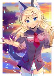 Rule 34 | 1girl, animal ear fluff, animal ears, black shirt, blonde hair, blue eyes, blurry, blurry background, closed mouth, cloud, cloudy sky, collared shirt, commentary request, commission, depth of field, dress shirt, hair between eyes, head tilt, kou hiyoyo, long hair, looking at viewer, neckerchief, original, panties, red neckerchief, shirt, short sleeves, skeb commission, sky, smile, solo, sunset, tail, thighhighs, tree, underwear, very long hair, water, white panties, white thighhighs